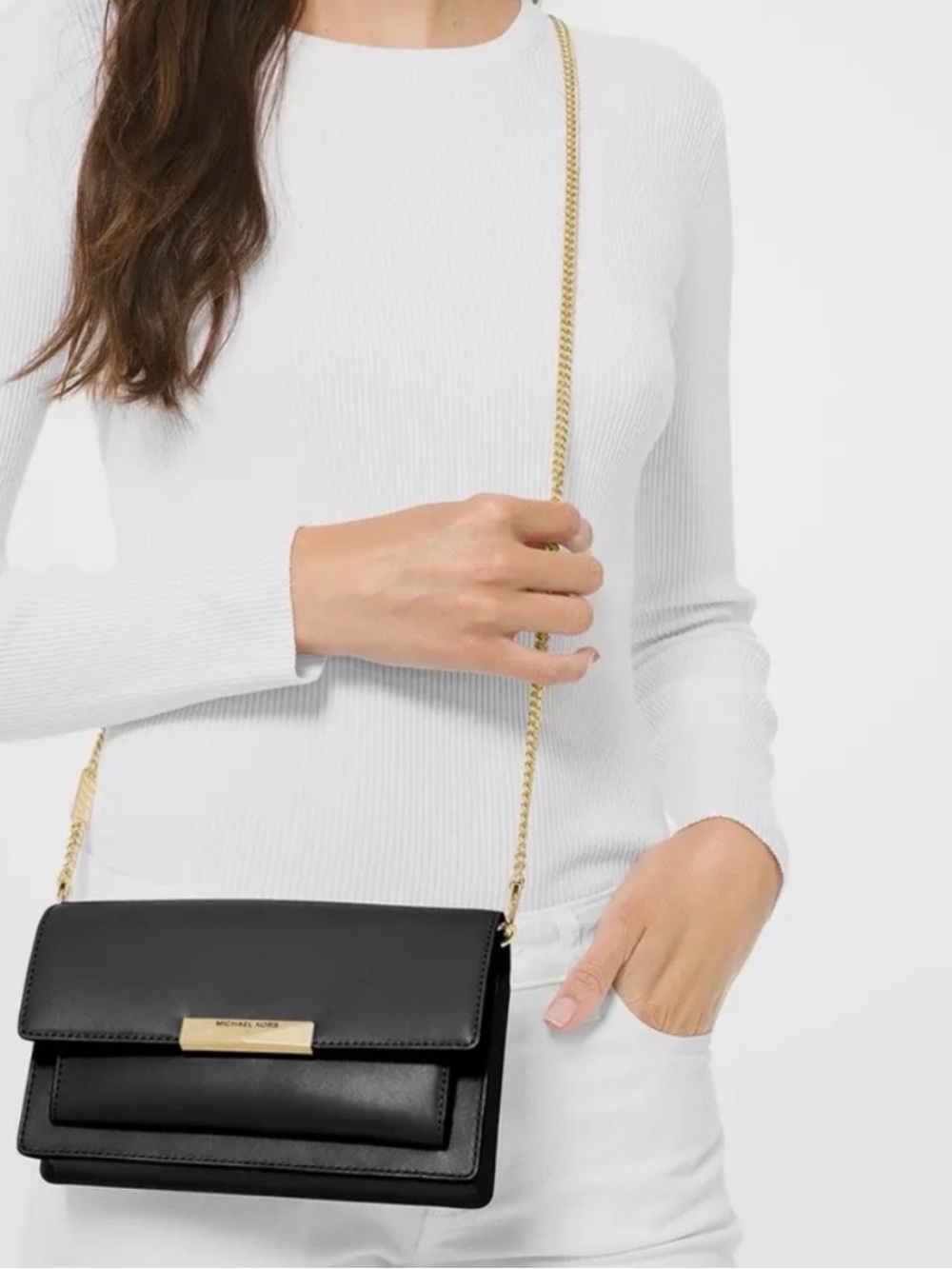 Michael Kors Black Leather Jade Crossbody with Gold Chain Strap